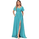 HLEPUN Women's Chiffon Flutter Sleeve Bridesmaid Dress Long with Slit V-Neck Pleated Formal Evening Party Gowns
