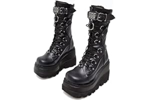 Platform Boots For Womens Chunky Wedge Heel Combat Boots Fashion Lace-Up Round Toe Mid Calf Motorcycle Boot