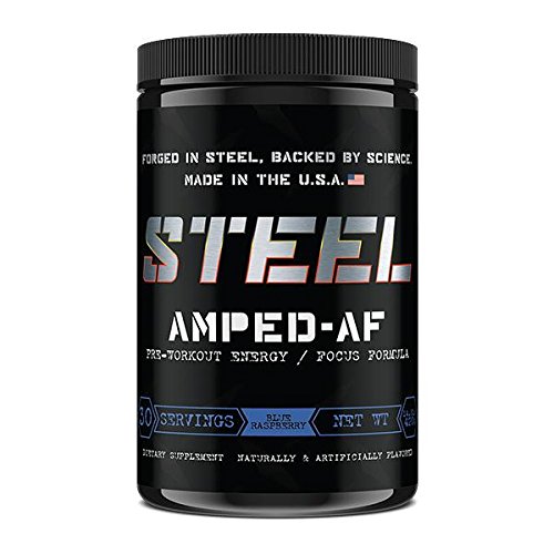 Steel Supplements Amped-AF Pre Workout Powder Energy Drink One3 Enhanced with Vitamins B6 and B12 High Intensity 30 Servings (Blue Raspberry)