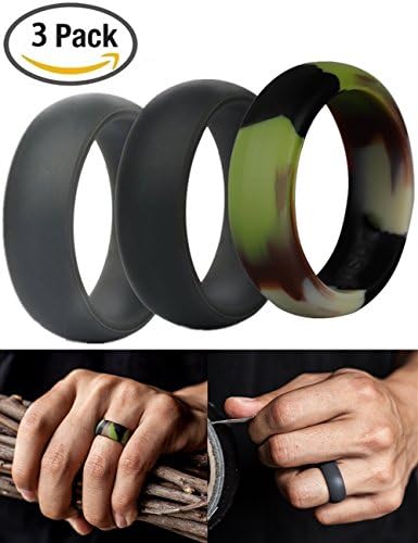 Silicone Rings Wedding, Runfish Affordable Silicone Rubber Band for Men Silicone Rubber Ring 3-Pack, Black, Camo, Grey, Size 10
