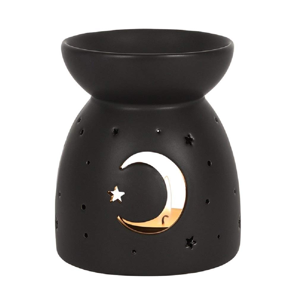 JJA Wax Melt Burner, Black Moon Cut Out Oil Burner, Essential Oils and Wax Melts Tea Light Holder Fragrance the Home Aromatherapy Witchcraft
