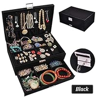 QBeel Jewelry Box for Women, Double Layers 53 Compartments Necklace Jewelry Organizer with Lock Drawer Jewelry Holder for Earrings Bracelets Rings Necklace - Black