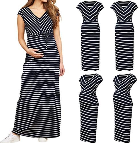 Viahwyt Women's Maternity Dress,Women Pregnant Sexy Deep V-Neck Short Sleeve Summer Stripe Long Dress 🎉