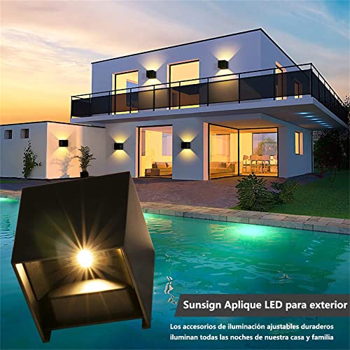 Sunsign lampara exterior pared, 12W lampara de pared, iluminación led modernos, Ángulo de haz ajustable hacia arriba y hacia abajo, IP65 impermeable, 4 pieza, negro(luz calida)