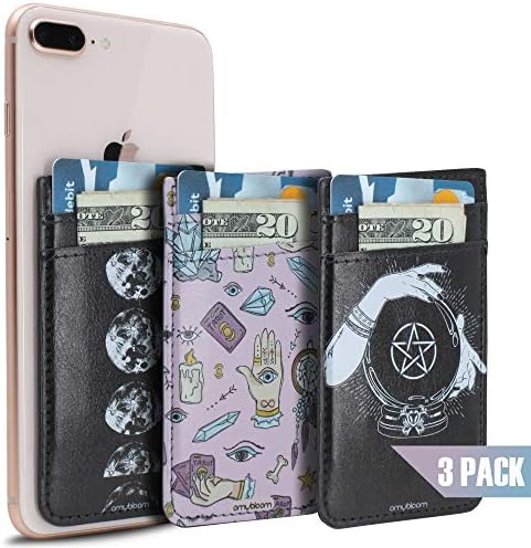 [3-Pack] Cell Phone Card Holder from OmyBloom, Stick-On Wallet ID Card Sleeve, 2-Slot PU Leather Phone Pocket with 3M Adhesive - Tarot Moon Pentagram