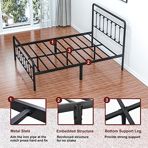Metal Bed Frame with Vintage Headboard and Footboard, Noillats Solid