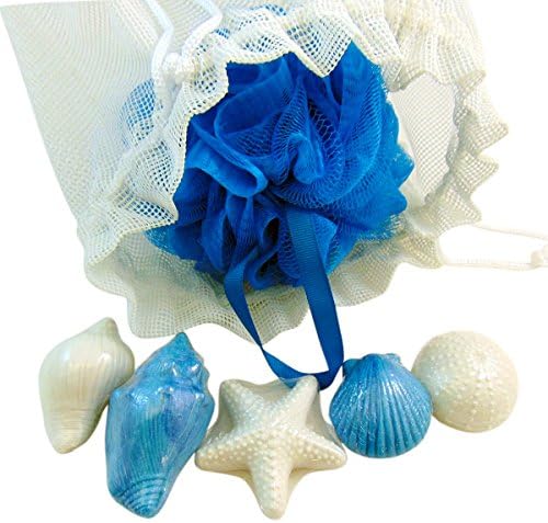 Bath Pouf Sponge &amp; Soap Nautical Beach Set with Mesh Bag