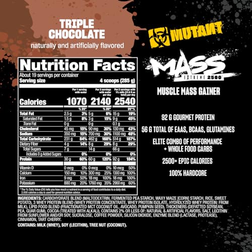 Mutant Mass Extreme GainerWhey Protein PowderBuild Muscle Size and StrengthHigh Density Clean Calories12 lbsTriple Chocolate