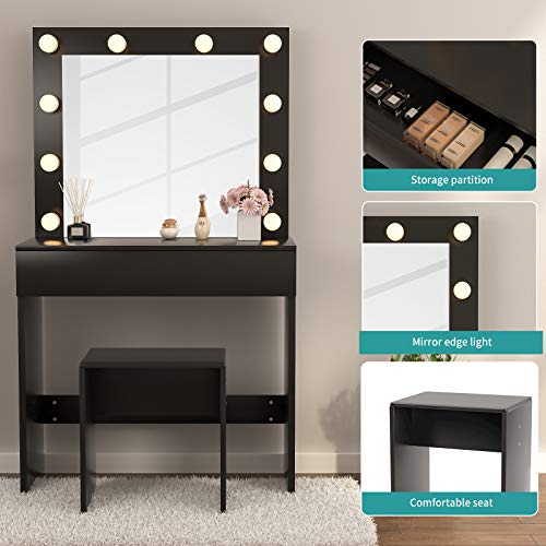 Mecor Makeup Vanity Table Set W10 Led Lights Mirror Vanity Table With Stool Drawer Wood Dressing Table Bedroom Furniture For Girls Women Gifts Black Pricepulse