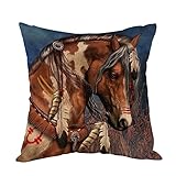 Moslion Indian Horse Cotton Linen Square Decorative Throw Pillow Covers Brown Horse Animal Cushion Cover for Men Boys Livingroom Bedroom Sofa 18x18 Inch