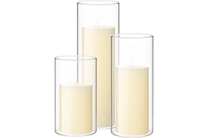 Shihanee Set of 3 Pillar Candles and 3 Glass Cylinder Candle Vases Holders Clear Pillar Jars for Wedding Centerpieces(2.6'' X 4.7'', 5.9'', 7.9'',Ivory White)