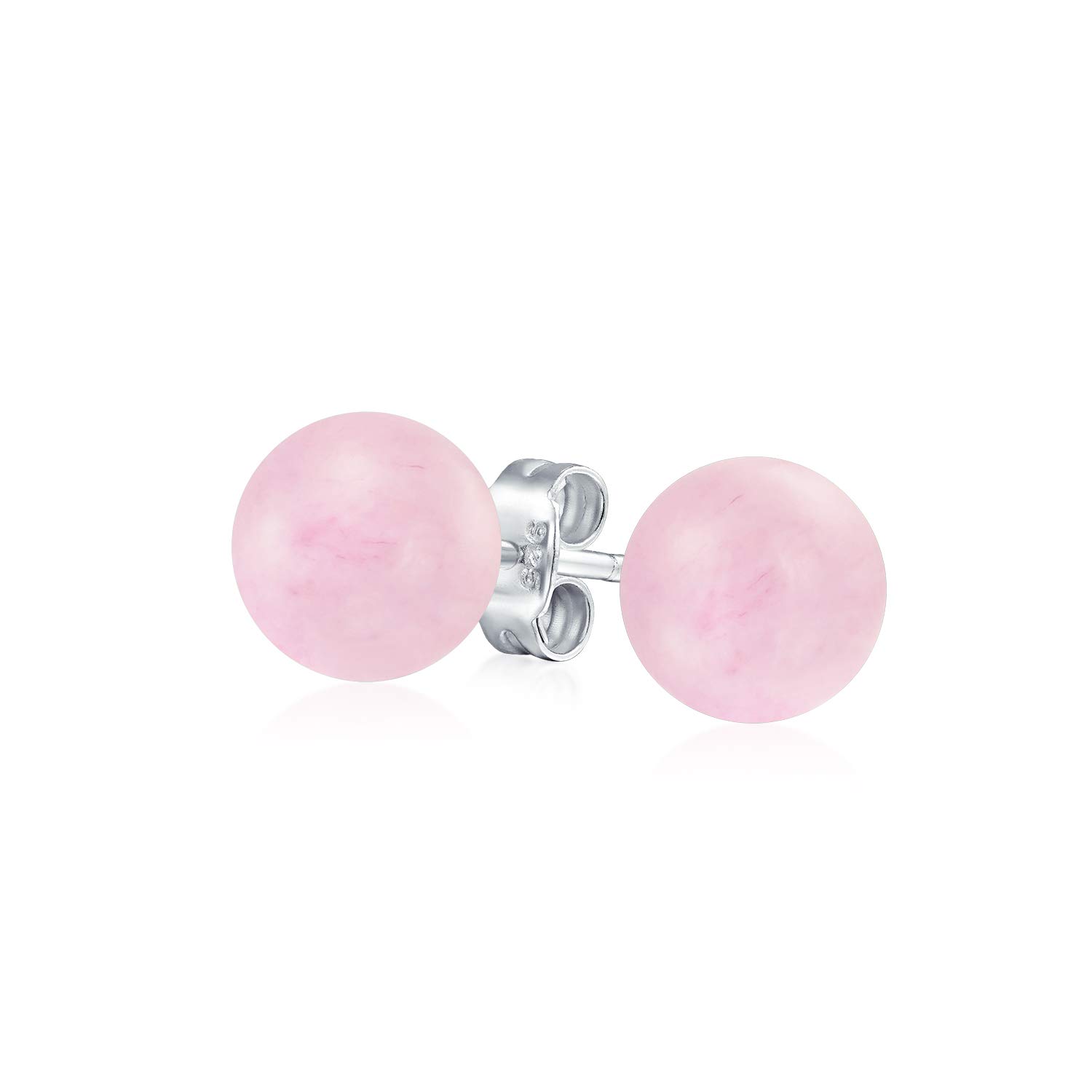 Simple Semi Precious Gemstone Light Pink Quartz Round Ball Stud Earrings For Women Teen .925 Sterling Silver 8MM