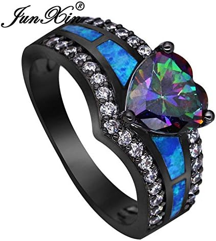 Aunyamanee Jewelry Shop Mystic Rainbow Topaz Blue Fire Opal Heart Ring Black Gold Wedding Band Size 5-12 (8)