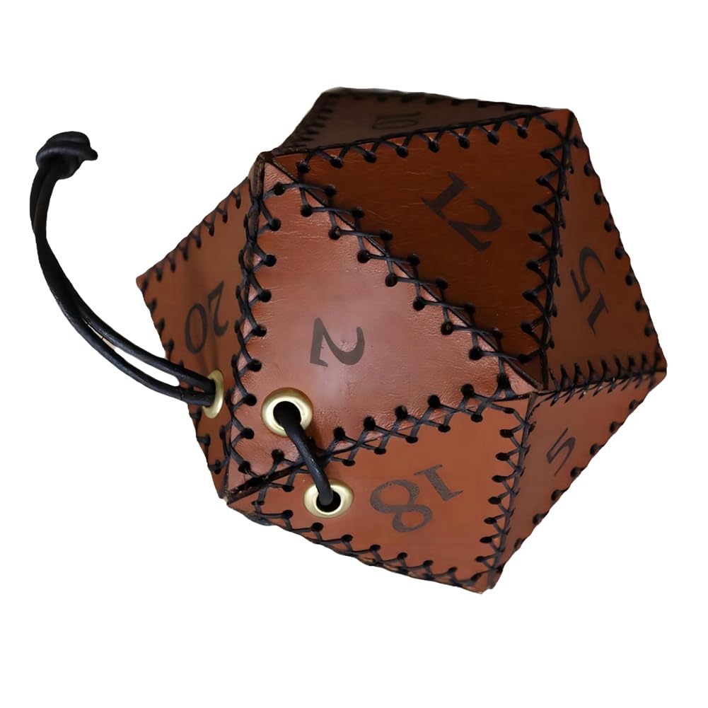 Tsudoku PU Leather D20 Dice Bag Polyhedral Dice Pouch Portable Drawstring Bag for, Game, DND Dice Bag, Brown