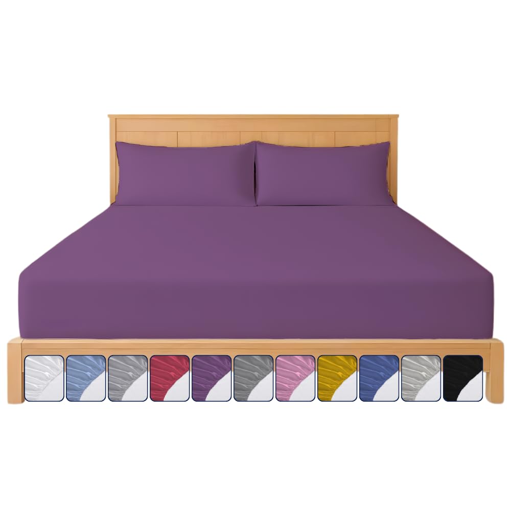 Fitted Sheet 40cm with Extra Deep Pockets - OEKO-TEX Certified Bed Sheet Single Size 90X190CM | Hotel Quality & Wrinkle Resistant | Brushed Microfibre Fitted Sheets (Purple, Single 40 CM)