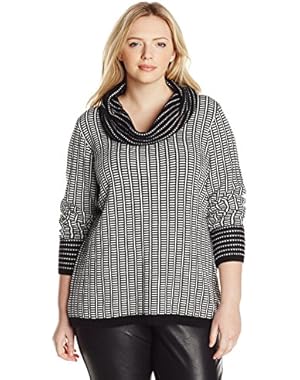 Women's Plus-Size Cowl-Neck Sweater with Grid Stripes
