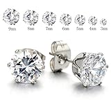 3-9 Mm Mens Ladies White Cubic Zirconia Stud Earrings Stainless Steel, 2pcs
