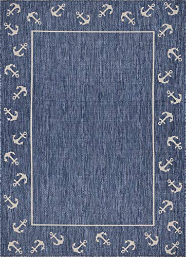 Lr Home Nautical Anchor Border Indoor Outdoor Rug, Blue/White, 5'3"" x 7'"