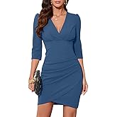 IHOT Women's 2026 Sexy V Neck 3/4 Sleeve Faux Wrap Ruched Sheath Bodycon Casual Party Cocktail Work Dress