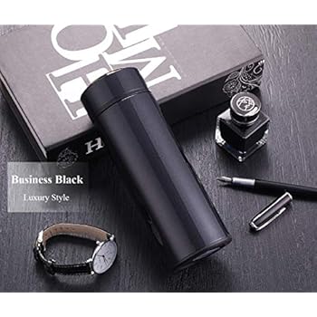 24 Hrs Heat Insulated Double Wall Vacuum flask Thermos Coffee /15 Oz Stainless Steel Water Bottle/Insulated Travel Mug with Tea/Coffee Filter (Black, 15Oz (450ml))