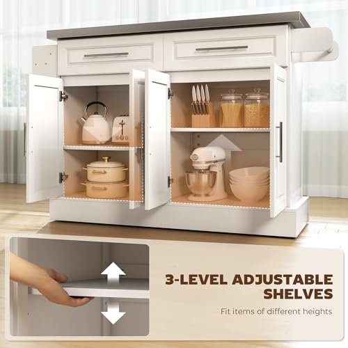 HOMCOM Kitchen Island with 47" Stainless Steel Top, Rolling Kitchen Cart on Wheels with 2 Drawers, 2 Cabinets, Towel & Knife & Spice Rack, White