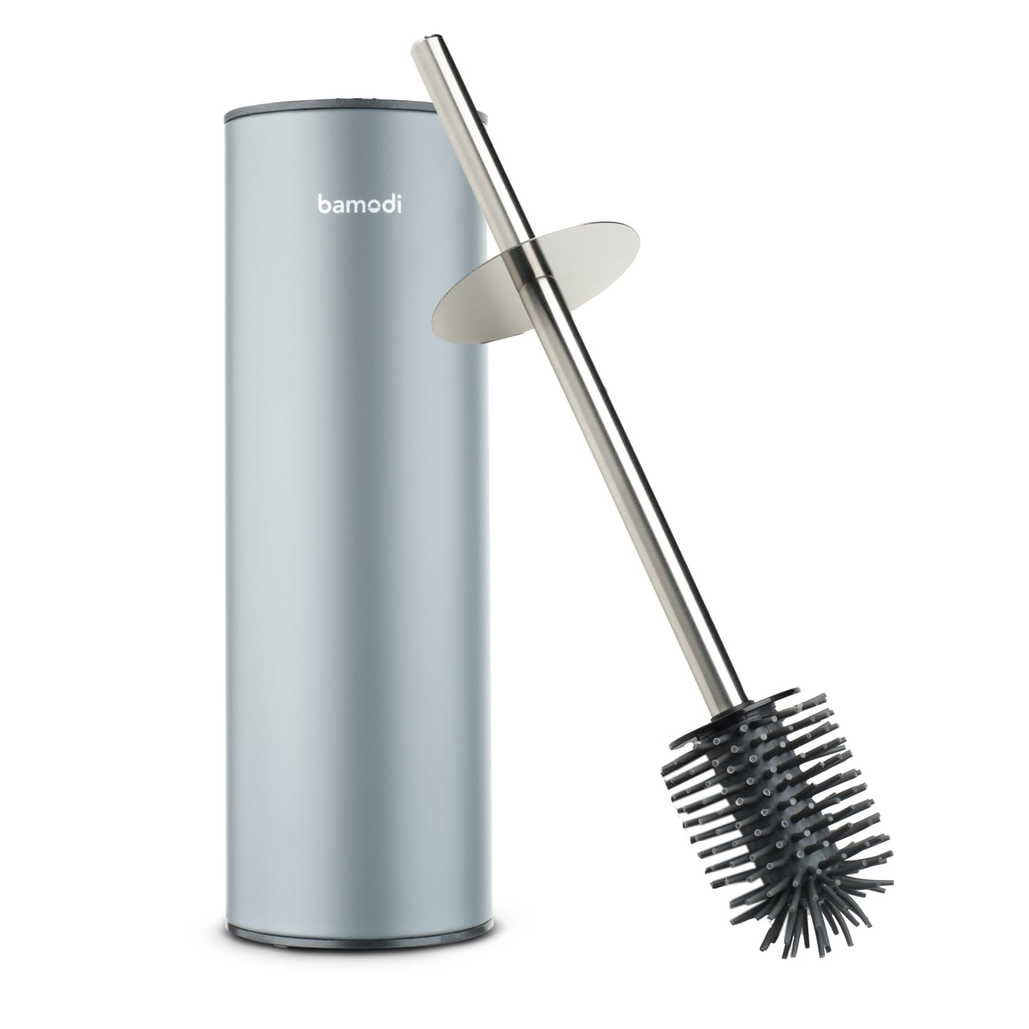 Bamodi Toilet Brushes Stainless Steel Toilet Brush & Holder - Silicone Brush Head with Container and Splash Guard - No Drilling - Modern Bathroom Accessories - Silver