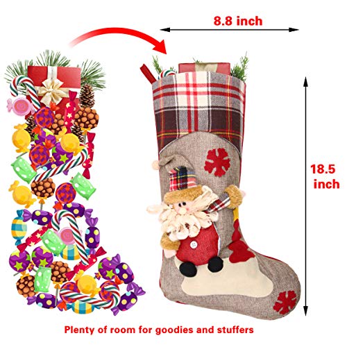Aiduy 3 Pack 18" Christmas Stockings Decoration with Cute 3D Plush Santa Snowman Reindeer Xmas Stockings Ornament Gifts for Christmas Decorations and Family Holiday Party Decor