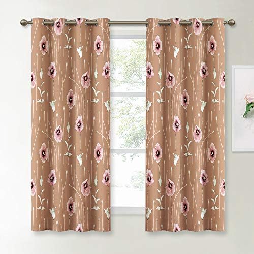 KGORGE Bedroom Curtains Room Darkening, Poppy Flower Classical Pattern for Cafe/Playroom/Home Office/Cabin/Bathroom (2 Panels, 52 inch Width x 63 inch Length, Tan)