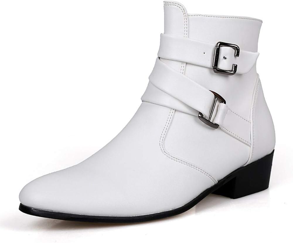 Fiaya Men's Leather Chelsea Boots Motorcycle Martin Boots Zipper Buckle Western Formal Dress Boots (White, US:8.5)