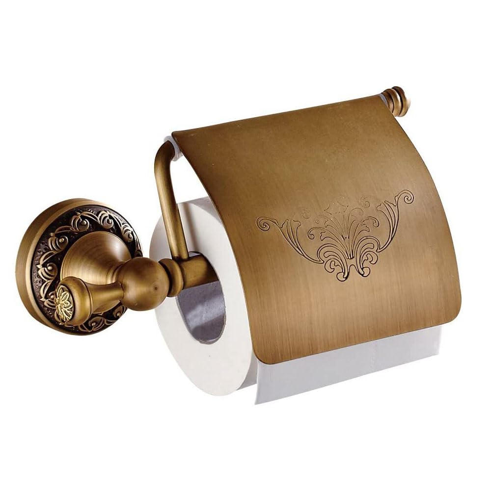 Vintage Toilet Roll Holder Brass Toilet Paper Holder with Cover - Wall Mounted Bathroom Tissue Roll Storage Solution (Antique Brass)