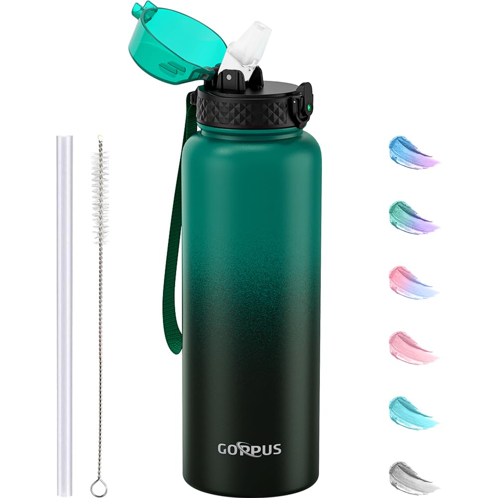 GOPPUS 1.2L/40oz Stainless Water Bottle with Straw Double Wall Insulated Bottles with Strap Large Vacuum Thermal Flask Leakproof Keep Cold Drinks Bottles with Flip Top Lid for Men Women BPA Free — image 1