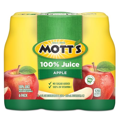 MOTT’S 100% ORIGINAL APPLE JUICE, 8 FL OZ BOTTLES, 24 COUNT (4 PACKS OF 6), 2 SERVINGS OF FRUIT, 100% FRUIT JUICE, GLUTEN-FREE, CAFFEINE-FREE, KOSHER, CONTAINS NO ARTIFICIAL COLORS OR SWEETENERS