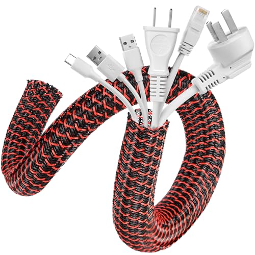 AGPTEK Cable Sleeve Cover, 10ft - 4/5 inch Desk Cord Organizer Cable Hider, Home Office Wire Management Computer TV Wire Loom Tubing, Pet Proof Cord Protector, from Cat Dog Chewing, BlackRed
