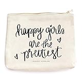 Happy Girls Are The Prettiest Canvas Makeup Bag | Audrey Hepburn Quote Make-Up Organizer Travel Accessories Toiletry Holder Pencil Case Bridesmaid Cosmetic Gift for Her Hand Lettered
