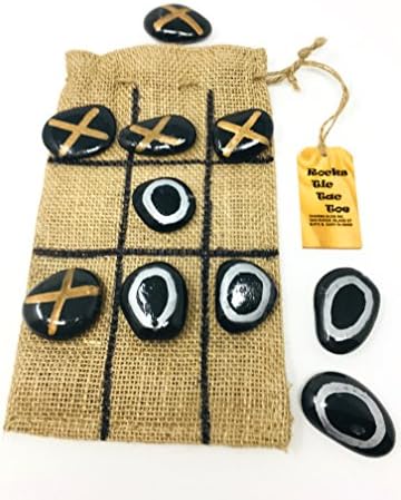 Tic Tac Toe rustic handmade rocks and burlap sack