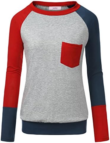 Jubby Women's Casual Long Sleeve Crewneck Color Block Pocket T-Shirt Tunic Tops Medium Red