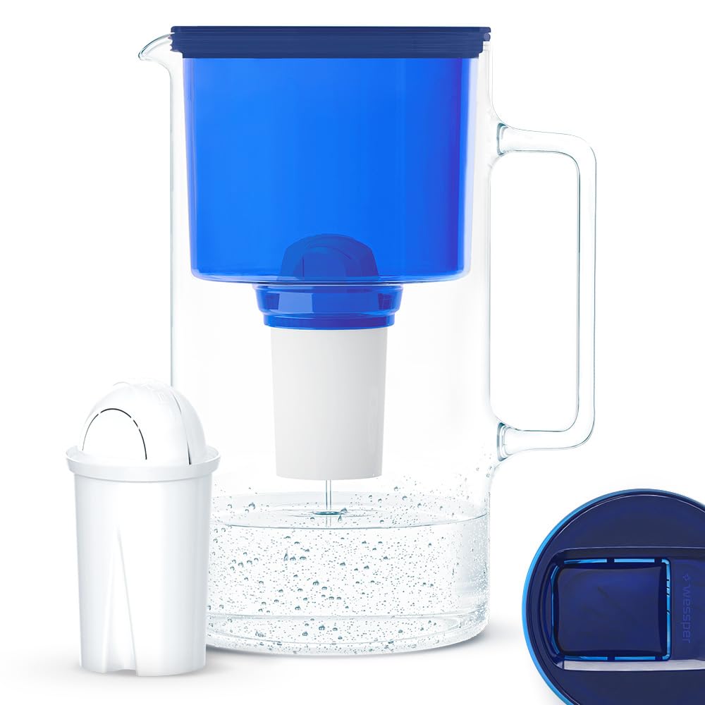 Wessper Glass Water Filter Jug, Incl. 1 Filter Cartridge Aquaclassic Filter| Reduces Lime & Chlorine And Eliminates Plastic Microparticles 3 Litre - Blue
