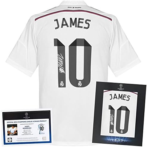 Official UEFA Champions League James Rodriguez Signed Real Madrid Home Jersey 2014 / 2015 - (Fan Style Printing) Deluxe Packaging - One Size