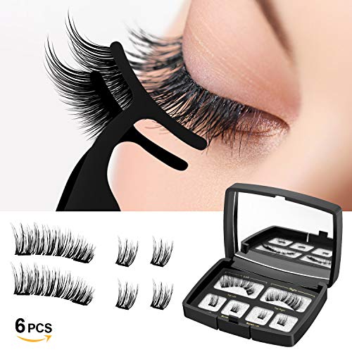 Magnetic Eyelashes Dual Magnets Fiber Fake Eyelashes, 3D Reusable Eyelashes Extensions, No Glue False Eyelashes with Tweezers 1 Pair/6Pcs (Black)