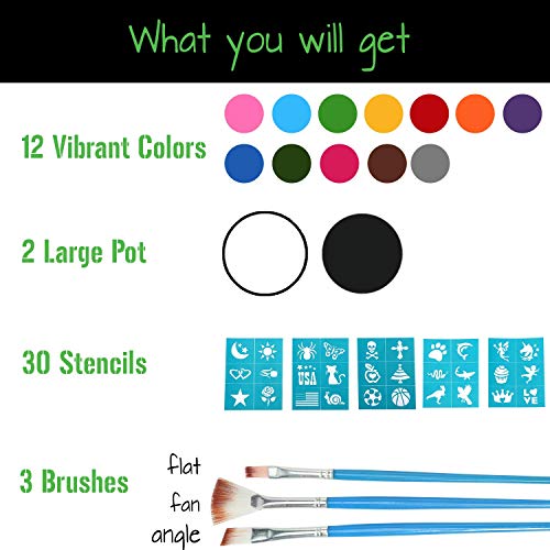 Face Paint Kit Non-Grease 14 Colors with Large Black and White, 3 Brushes, 30 Stencils Water-Based Face and Body Paints Kit for Kids or Professional - Safe Facepainting for Sensitive Skin