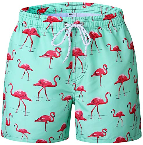 EBMORE Mens Swim Trunks Shorts Quick Dry with Pockets Mesh Lining for Beach Surfing Sport Swimming Training Fitness SPA (Waist:33"-34", Light Green Flamingo)