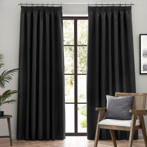 furn. Dawn Textured Blackout Pencil Pleat Curtains – Thermal Lined Pair (Black - Width 229 x Drop 183cm)