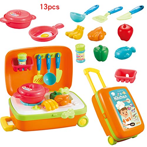 NiceBUY Cooking Kits Pretend Play Luggage Travel Set Kitchen Kits 13 PC Vegetables Fried Pan Fruit Educational Kits (Orange)