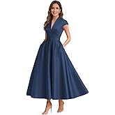 Xuzey Tea Length Satin Mother of Bride Dresses for Women A Line Formal Wedding Guest Dress with Pockets Belt