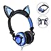 Baztoy Kids Headphones with Cat Ear Adjustable LED Lights Wired On-ear Rechargeable Headsets 85dB Volume Limited 3.5 mm Jack for Children Halloween and Christamas Gift (Blue)