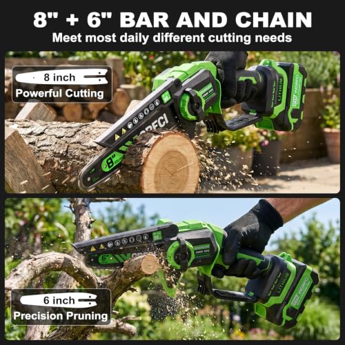 WORFCI 8-Inch Mini Chainsaw with 2Pcs Batteries&Charger, Brushless Cordless Chainsaws with Auto-Oiler, Electric Chain Saw Perfect Gardening Tools for Wood/Trees Pruning, Gifts for Men Women