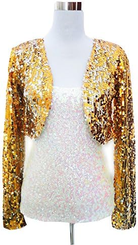 Swrose Women's Sequin Long Sleeve Cropped Blazer Shrug Coat Jacket (One Size, Gold)