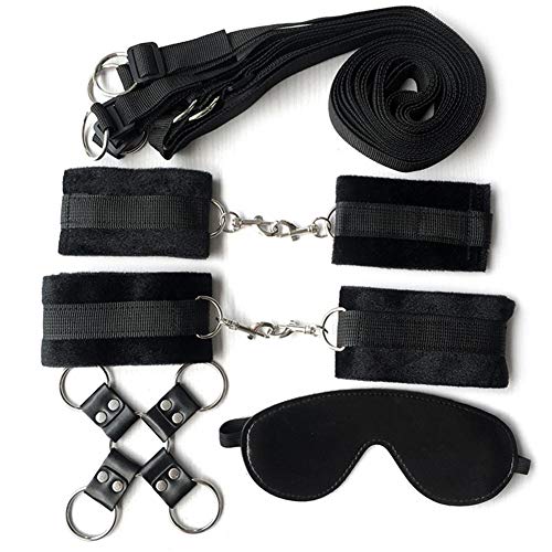SM Bondage Set for beds Nylon Strap/Handcuffs/Ankle Cuffs/Cross/Eye Mask/Adult Erotic Toys for Women – Increase Sexual Desire,Black