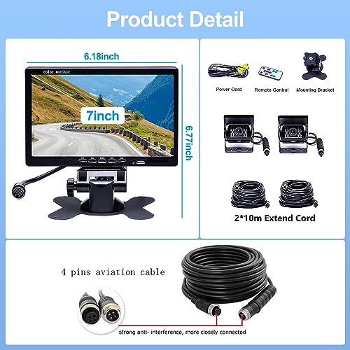 CAMECHO Backup Camera Kit with 7" LCD Display Dual Camera and 4 Channel Quad Video Input, IP68 Waterproof Rearview Camera for Camper, Truck, RV and Trailers