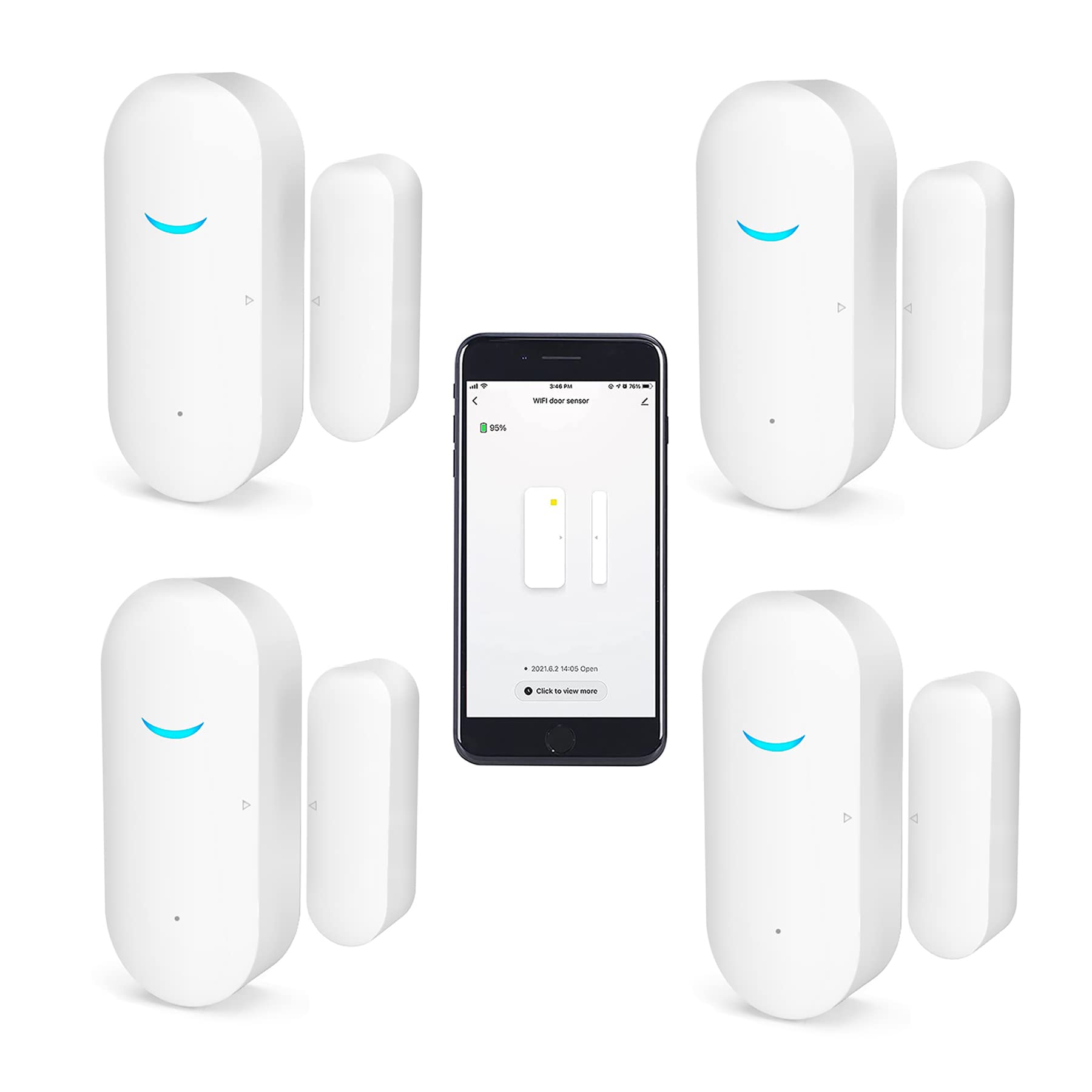 WiFi Door and Window Sensors,Tuya Smart Alarm with Free Notification APP Control Home Security Alarm System, No Hub Required,Compatible with Alexa, Google Home (4-pack)